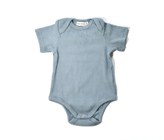 Short Sleeve Ribbed Romper - Steel Blue